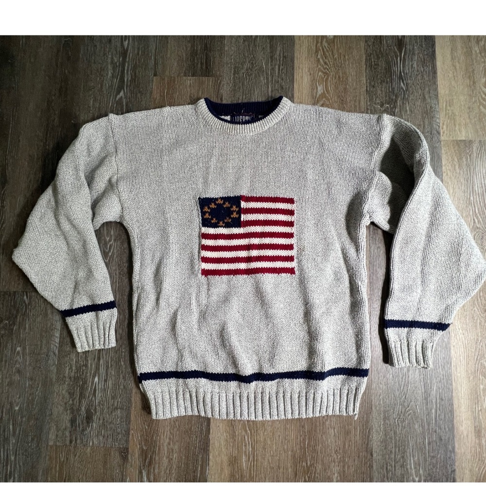 Liberty Knit Sweater Mens XL Gray American Flag Vintage Made in USA 100% Cotton